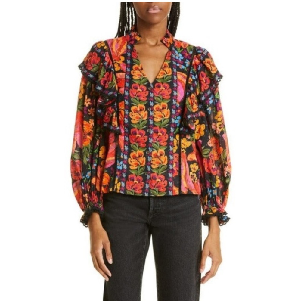 Farm Rio Black Spring Banana Colorful Ruffled Blouse Top NEW